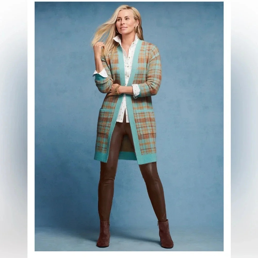 TALBOTS BIRD'S EYE PLAID OPEN FRONT CARDIGAN IN CANDIED BLUE/CAFE WOOL BLEND